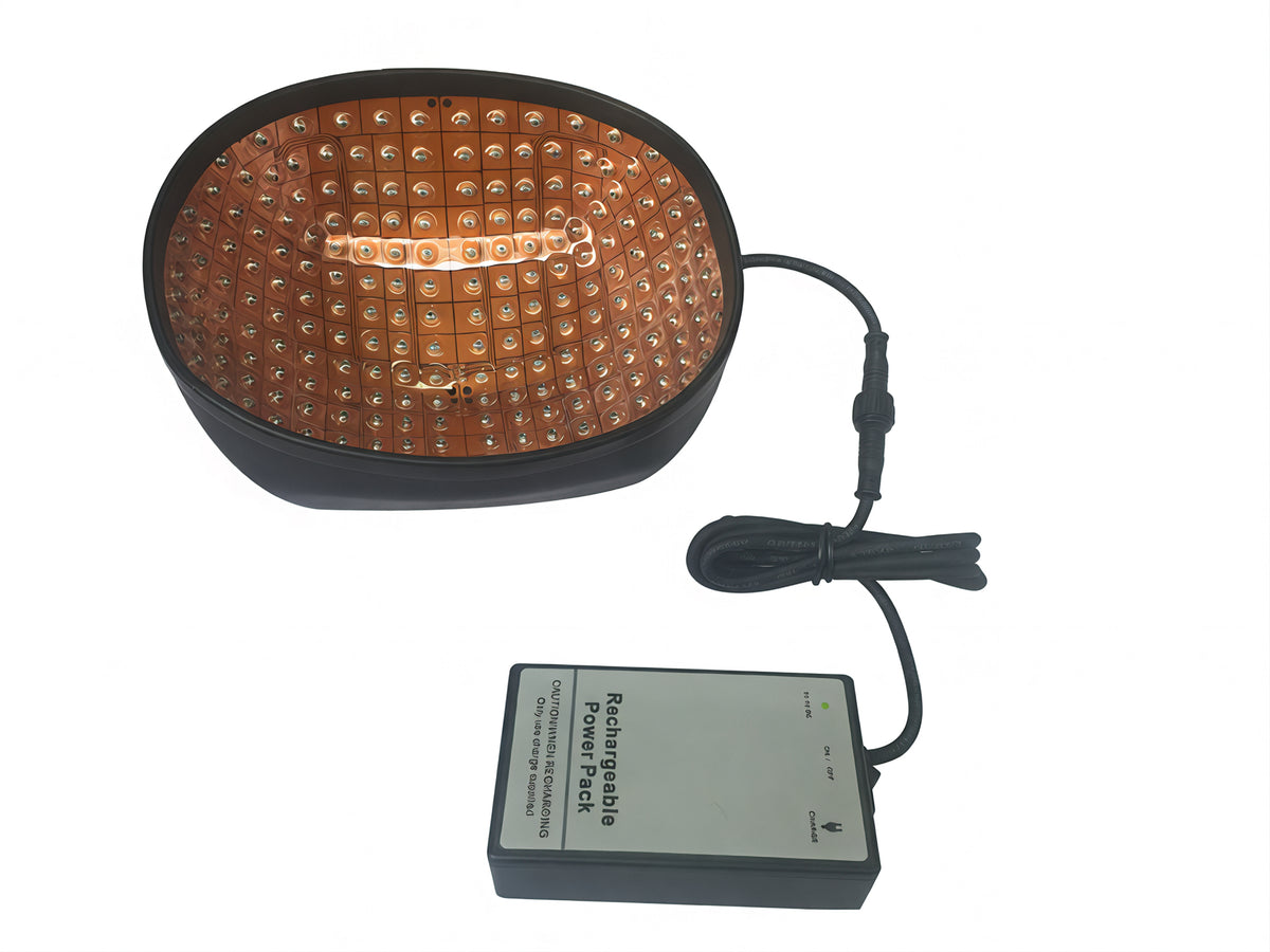 Interior view of 272-diode laser cap and rechargeable power pack