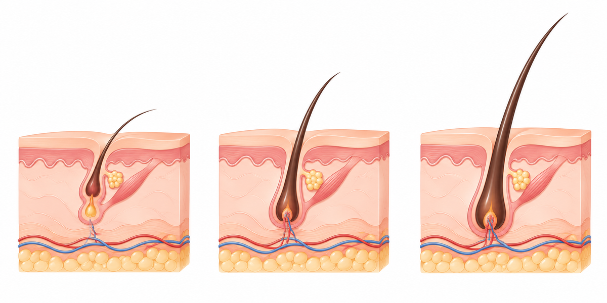 Simplified illustration of three hair follicles at different stages of the natural hair cycle