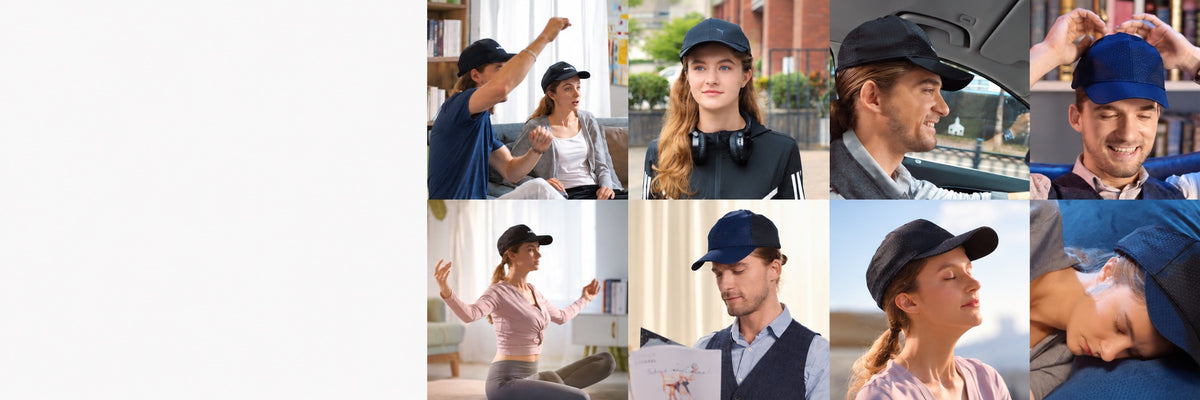 Eight lifestyle scenes showing people wearing the Peninsula laser cap during everyday routines