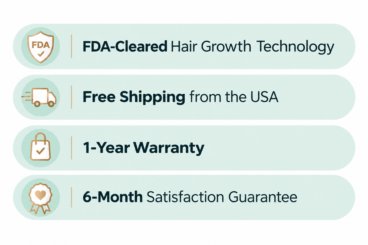 FDA-cleared hair growth technology, free U.S. shipping, one-year warranty, and six-month satisfaction guarantee