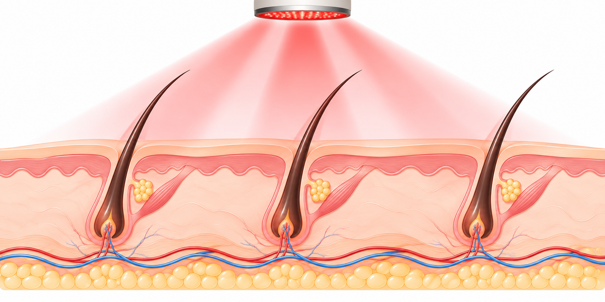 Simplified illustration of targeted red light delivered across the scalp