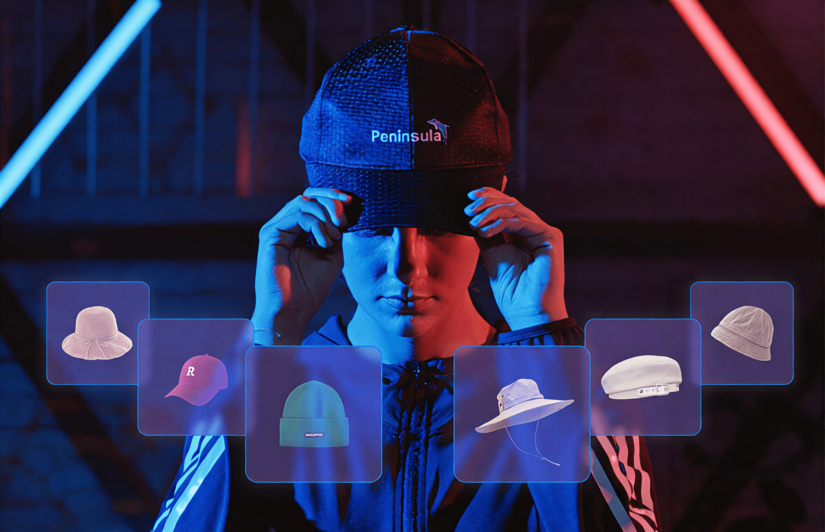 Person demonstrating the flexible Peninsula laser cap with compatible outer hat styles
